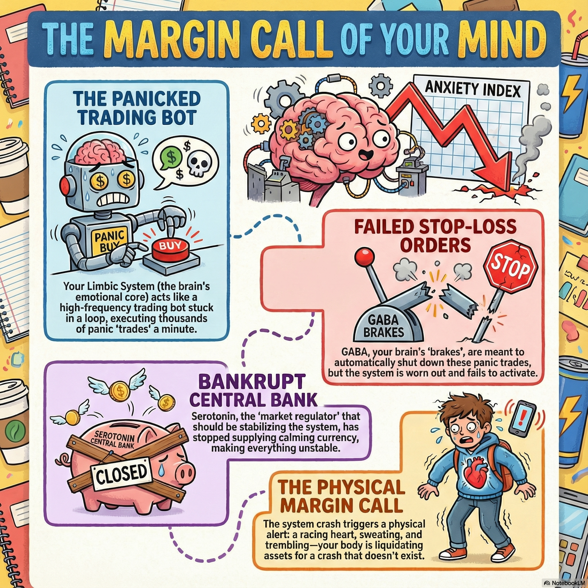 Your Brain on a Margin Call: 4 Surprising Truths About the Neuro-Economics of Anxiety That feeling—the one where your heart hammers against your ribs for no reason—isn't you "overthinking." It's your brain's internal stock market executing a catastrophic flash crash. Pathological anxiety isn't a fundamental flaw in your character; it’s a systemic failure in your biology. This perspective reframes the anxious brain not as a broken mind, but as a high-frequency financial market in the midst of a meltdown. Viewing anxiety through this neuro-economic lens provides a powerful, practical model for understanding exactly what's happening under the hood when your internal system goes haywire. We'll explore how a single bug in your risk-management software can disable your automatic stop-losses, forcing a crisis that your internal central bank is too depleted to manage, and culminating in a devastating margin call on your physical body.
