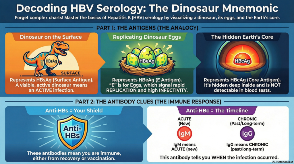 HBV Serology Dinosaur Mnemonic Guide