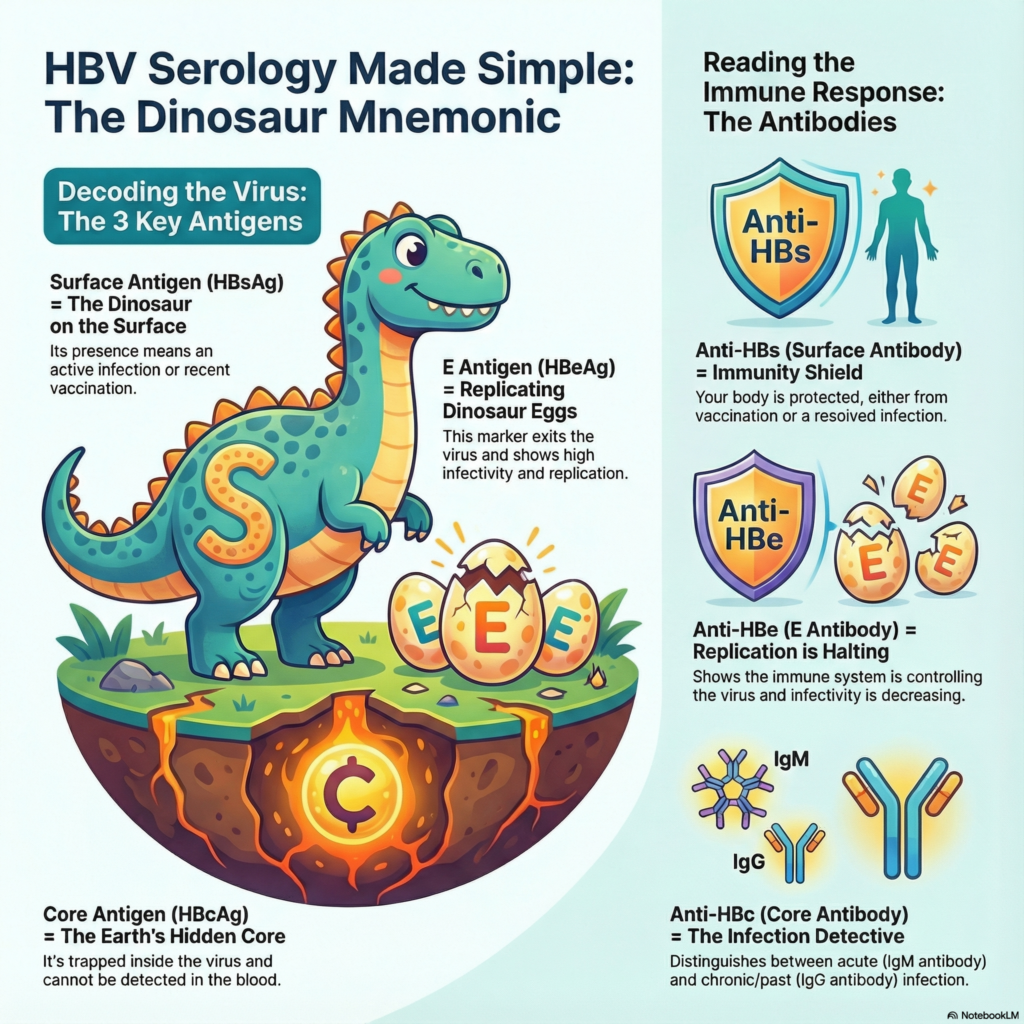 HepatitisB, HBV, Serology, USMLE, MedicalMnemonics, HBsAg, HBeAg, HBcAg, Virology, InfectiousDisease, Vaccination, Antibodies, ViralLoad, WindowPeriod, AcuteInfection, ChronicInfection, HBVDNA, AJmonics, MedEd, DinosaurMnemonic