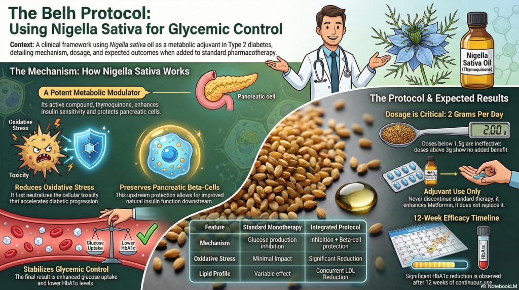 Type 2 Diabetes, Nigella Sativa Oil, Glycemic Control, HbA1c Reduction, Insulin Resistance, Thymoquinone, Diabetes Management, Metabolic Health, Blood Sugar Stabilization, Beta Cell Protection, Dr Belh Protocol, Medical Research, Diabetes Awareness, Metformin Adjuvant, Fasting Glucose FBG, Metabolic Adjuvant, Oxidative Stress Reduction, Natural Insulin Sensitizer, Diabetic Metabolic Modulator