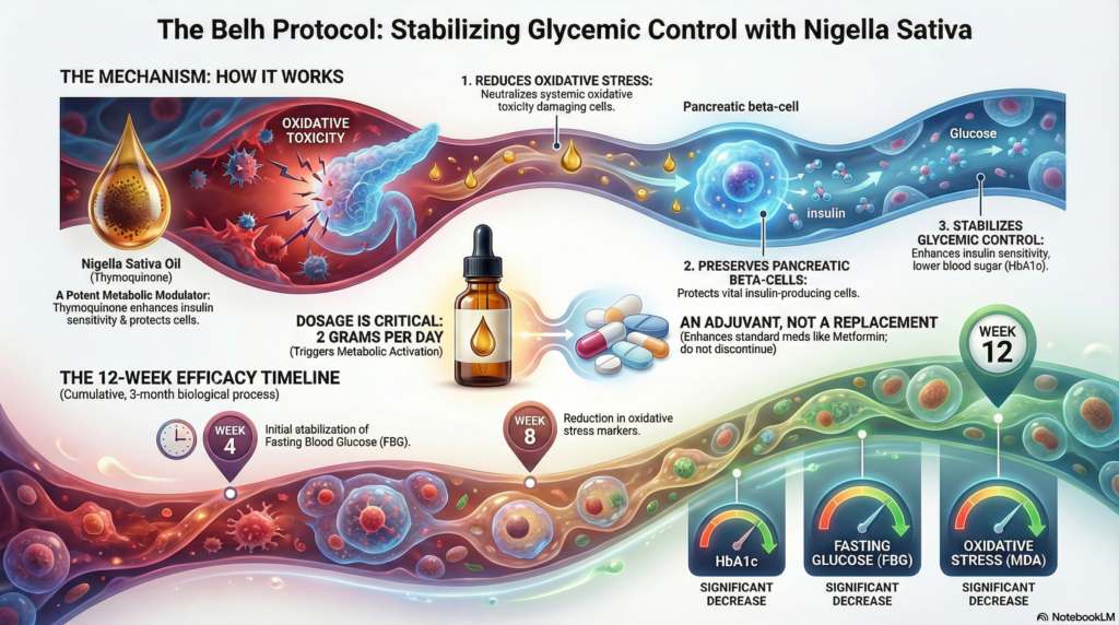 Type 2 Diabetes, Nigella Sativa Oil, Glycemic Control, HbA1c Reduction, Insulin Resistance, Thymoquinone, Diabetes Management, Metabolic Health, Blood Sugar Stabilization, Beta Cell Protection, Dr Belh Protocol, Medical Research, Diabetes Awareness, Metformin Adjuvant, Fasting Glucose FBG, Metabolic Adjuvant, Oxidative Stress Reduction, Natural Insulin Sensitizer, Diabetic Metabolic Modulator