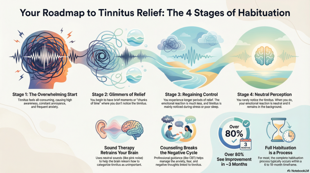 Tinnitus Treatment, Tinnitus Maskers, Tinnitus Retraining Therapy, TRT, CBT for Tinnitus, Hearing Aids for Tinnitus, Tinnitus Cure Research, Somatic Tinnitus, Pink Noise Therapy, Tinnitus Habituation, Treble Health, Neuromod Lenire, Neosensory, Bimodal Stimulation, The Mixing Point, Hyperacusis Treatment, Stop Ringing in Ears, Dr Ben Thompson, Sleep Buds for Tinnitus, Tinnitus Functional Index