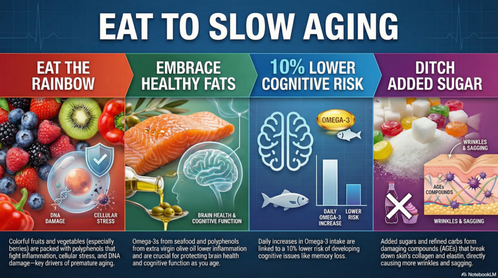Anti-aging diet, how to reverse aging, Dr William Li, longevity foods, lower inflammation naturally, brain health foods, cognitive decline prevention, collagen and elastin, stop wrinkles naturally, Omega-3 benefits, polyphenol rich foods, extra virgin olive oil health benefits, foods that heal the body, harmful effects of sugar, Advanced Glycation End products, healthy aging tips, nutritional science, gut health and aging, vascular health, prevent dementia diet.